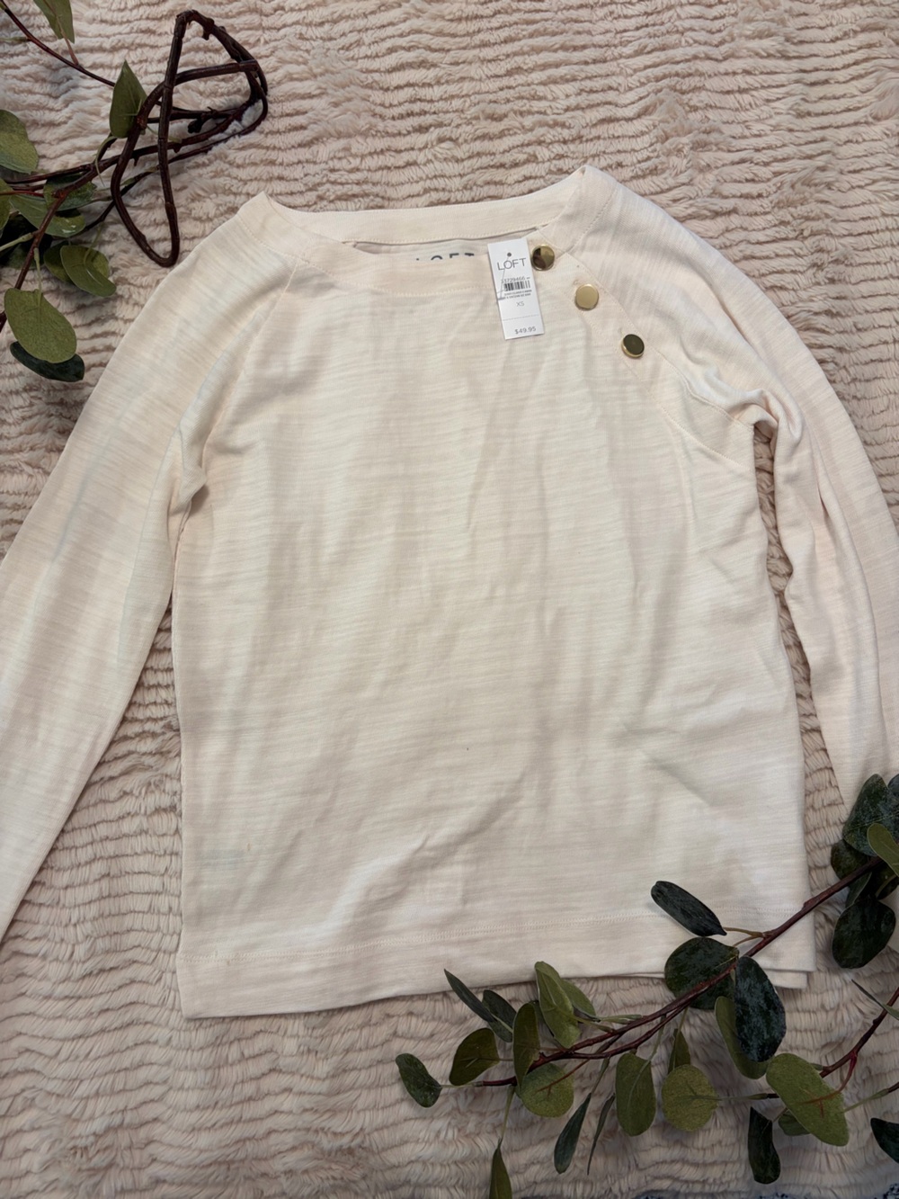 LOFT Cream Long-Sleeve Boatneck Top with Gold Buttons XS